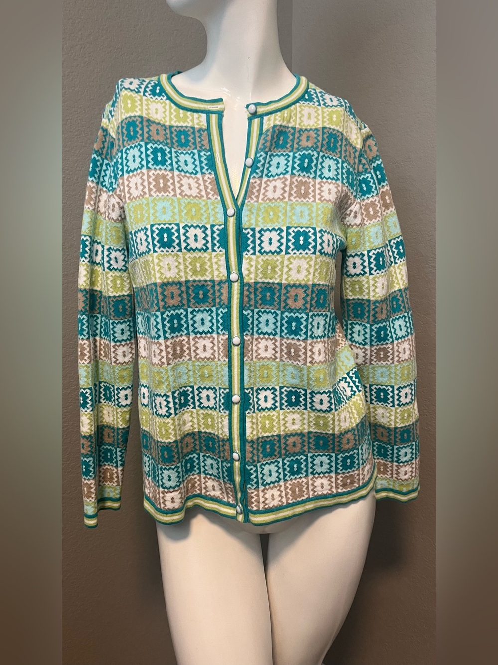 Women’s PETITE breckenridge Cotton Multicolor  Geometric  Print Cardigan Size SP